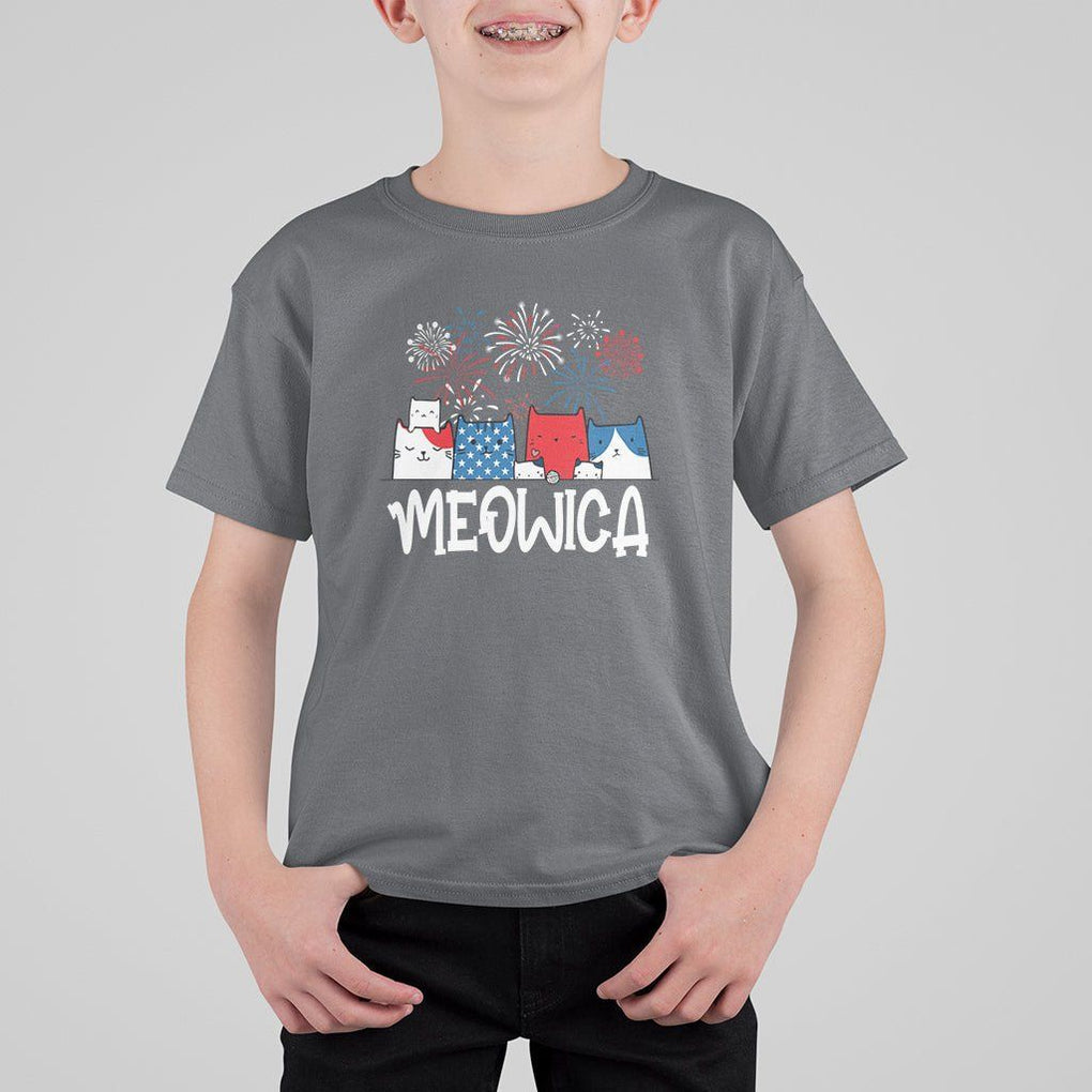 4th Of July Cat Lover T Shirt For Kid Meowica Patriotic American Flag Fireworks TS09 Charcoal Print Your Wear