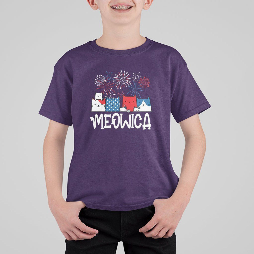 4th Of July Cat Lover T Shirt For Kid Meowica Patriotic American Flag Fireworks TS09 Purple Print Your Wear