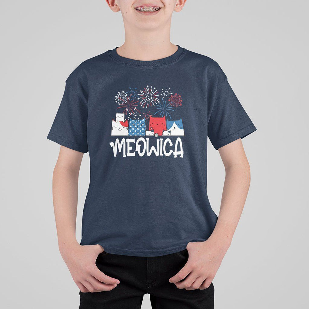 4th Of July Cat Lover T Shirt For Kid Meowica Patriotic American Flag Fireworks TS09 Navy Print Your Wear