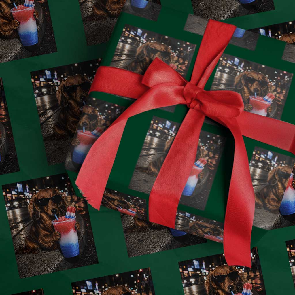 4th Of July Dachshund Drinking Slushie Wrapping Paper Roll Patriotic 250 Anniversary USA Dog Lovers Funny Meme