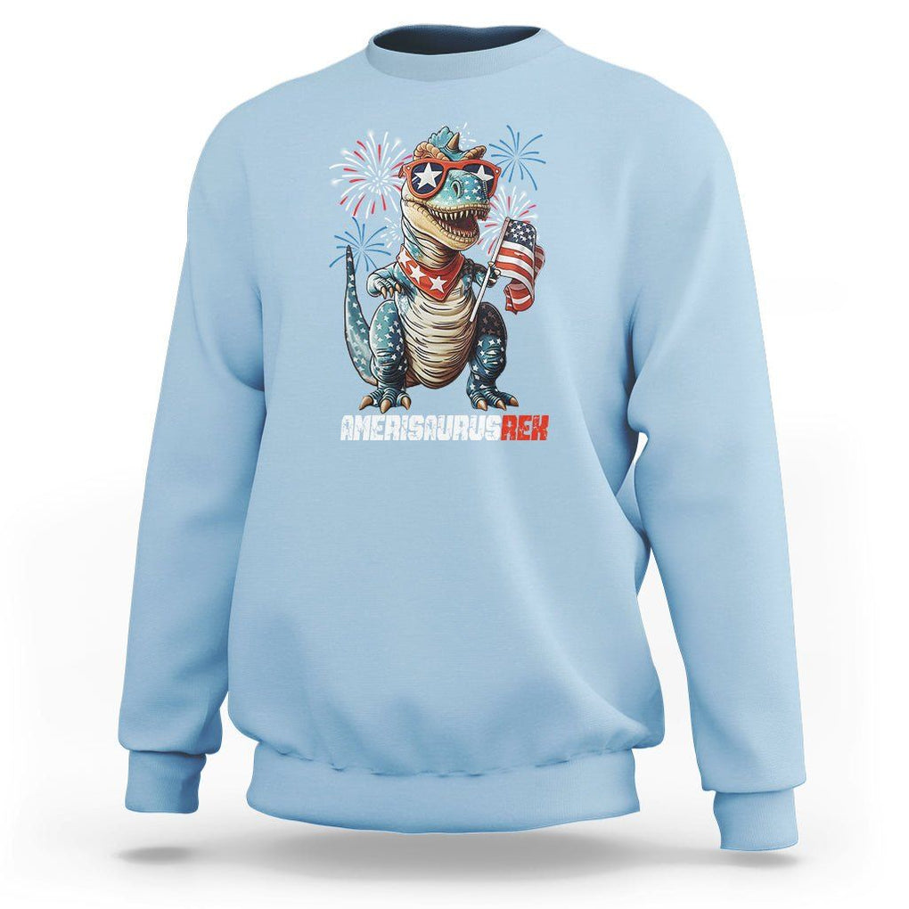 4th Of July Dinosaur Sweatshirt Amerisaurus Fireworks Patriotic Independence Day TS09 Light Blue Print Your Wear