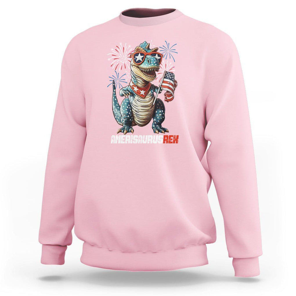 4th Of July Dinosaur Sweatshirt Amerisaurus Fireworks Patriotic Independence Day TS09 Light Pink Print Your Wear