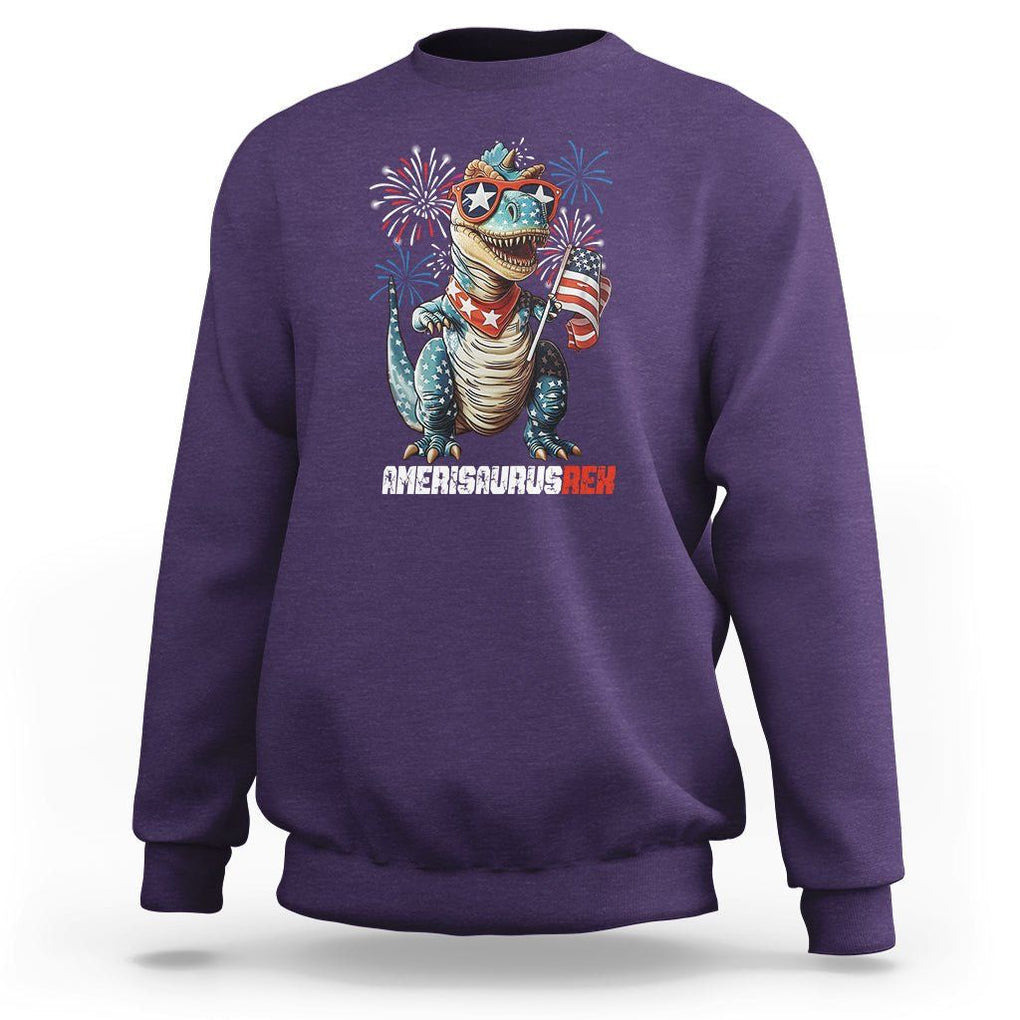 4th Of July Dinosaur Sweatshirt Amerisaurus Fireworks Patriotic Independence Day TS09 Purple Print Your Wear