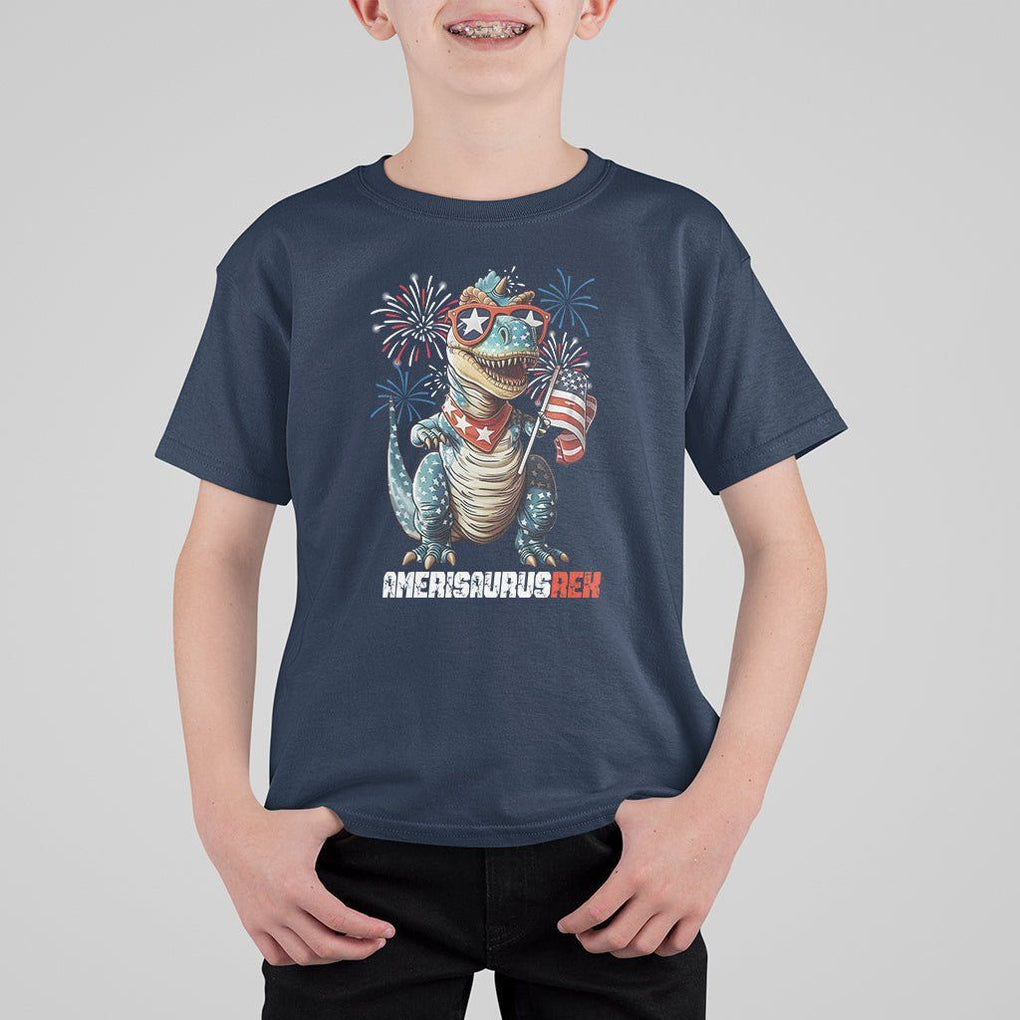 4th Of July Dinosaur T Shirt For Kid Amerisaurus Fireworks Patriotic Independence Day TS09 Navy Print Your Wear