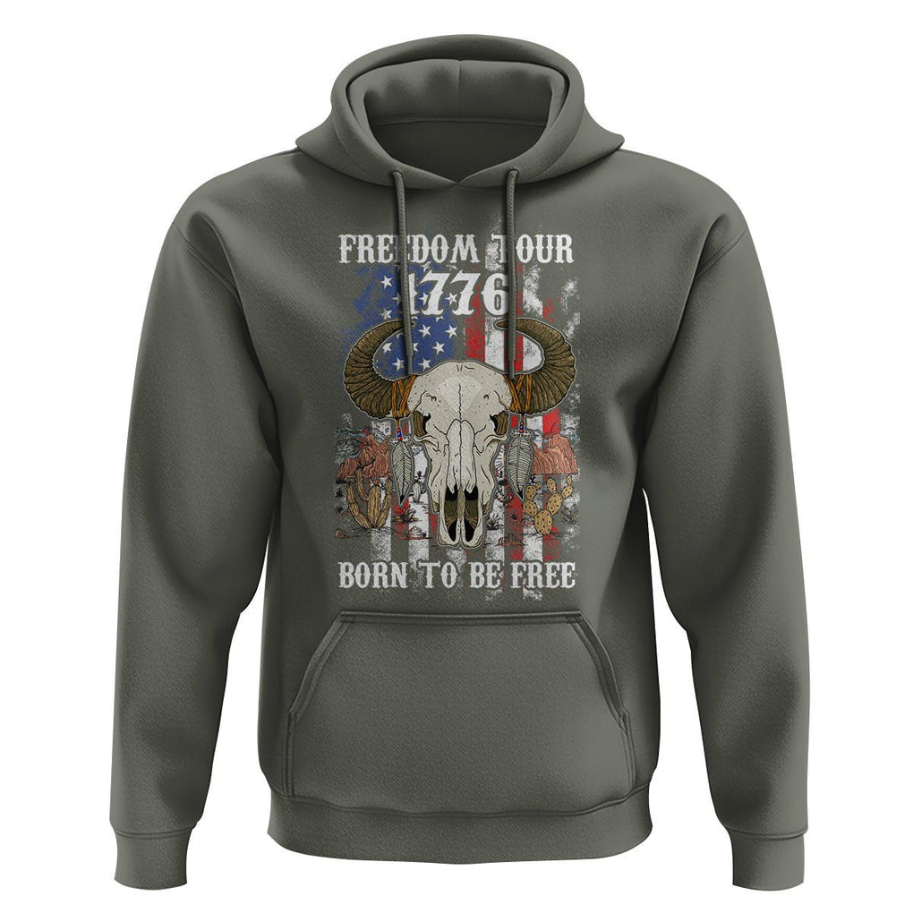 4th of July Freedom Tour Hoodie 1776 Born To Be Free Patriotic Buffalo Skull American Flag TS02 Military Green Print Your Wear
