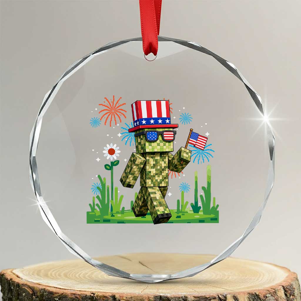 4th Of July Gamer Crystal Glass Ornament Pixel Art US Flag Gaming TS12 Transparent Glass 3'' Circle Print Your Wear
