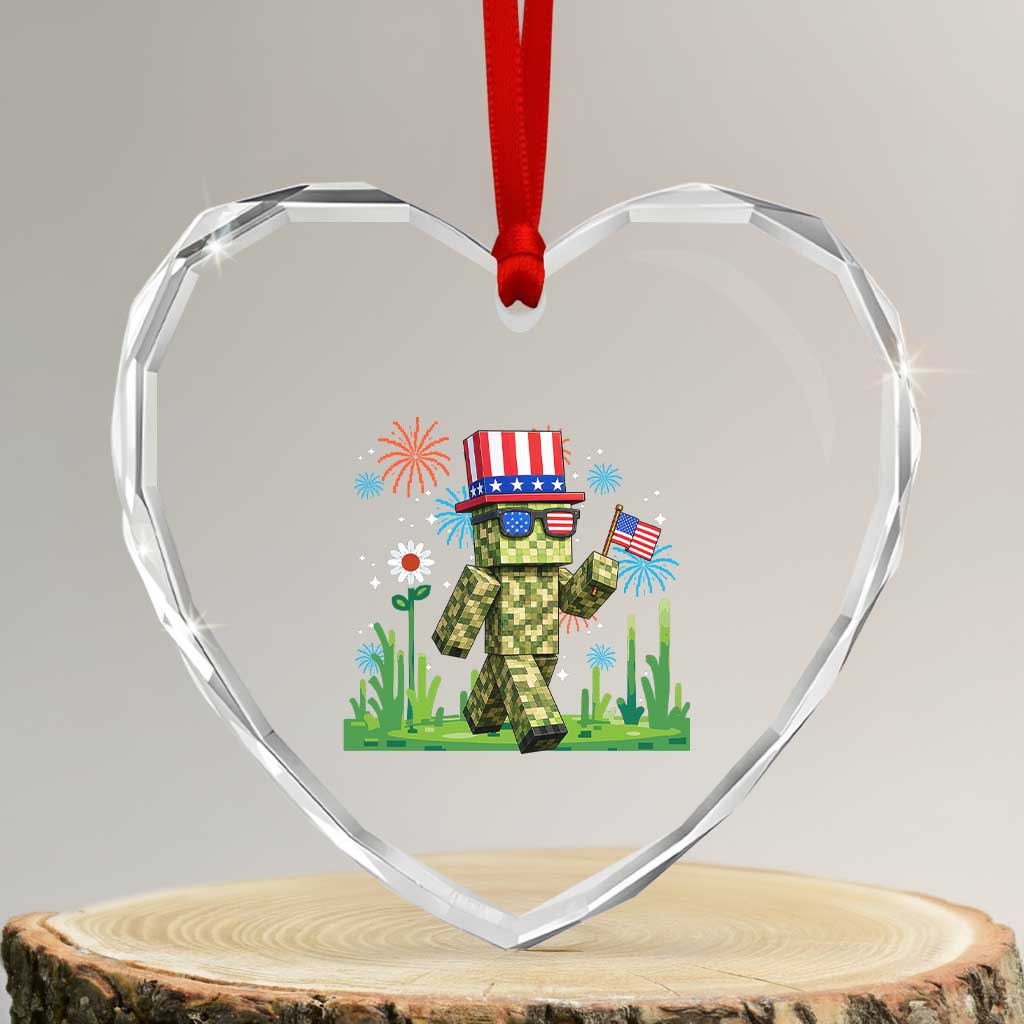 4th Of July Gamer Heart Crystal Glass Ornament Pixel Art US Flag Gaming TS12 Transparent Glass 3'' Heart Print Your Wear