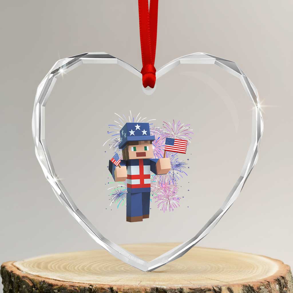 4th of July Gamer Heart Crystal Glass Ornament Uncle Sam Pixels Gaming Celebrate Independence Day TS02 Transparent Glass 3'' Heart Print Your Wear