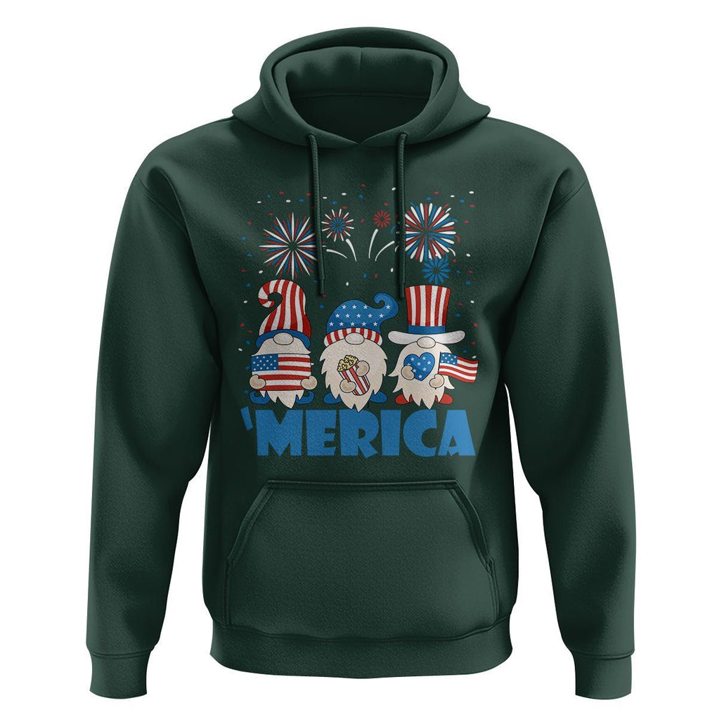4th of July Gnome Hoodie Merica Gnomes US Flag Fireworks Celebrate Independence Day TS02 Dark Forest Green Print Your Wear