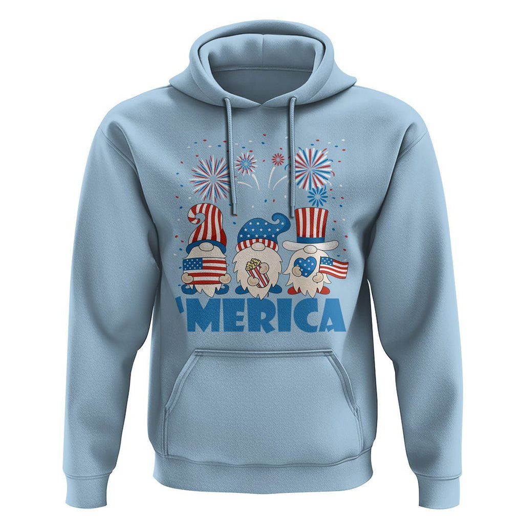 4th of July Gnome Hoodie Merica Gnomes US Flag Fireworks Celebrate Independence Day TS02 Light Blue Print Your Wear