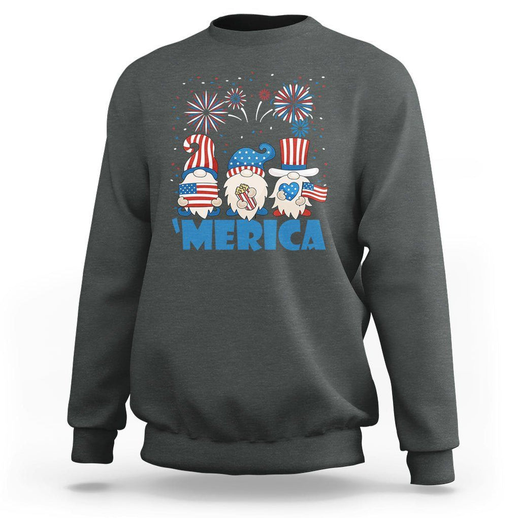 4th of July Gnome Sweatshirt Merica Gnomes US Flag Fireworks Celebrate Independence Day TS02 Dark Heather Print Your Wear
