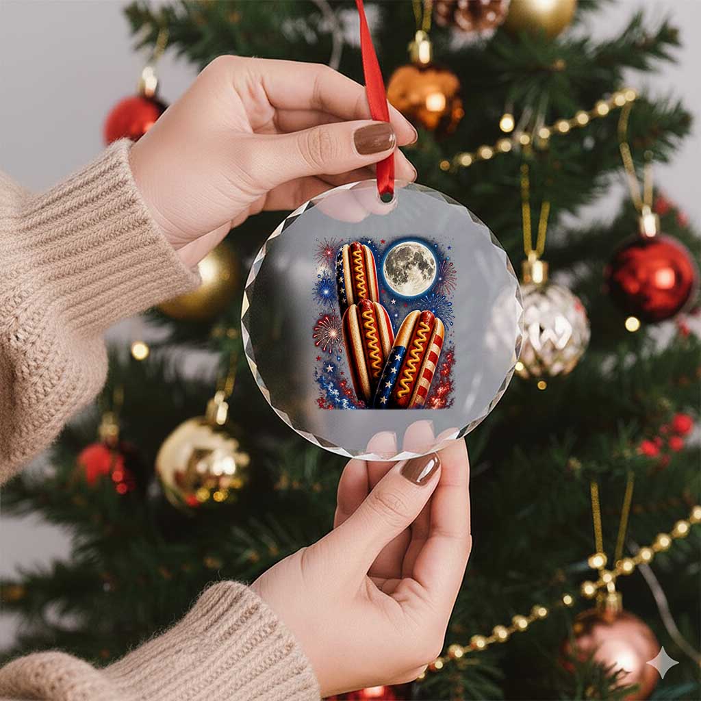 4th Of July Hotdog Fireworks Crystal Glass Ornament American Food Lovers