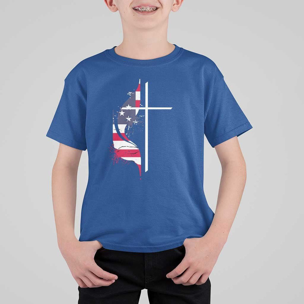 4th Of July T Shirt For Kid Christian Faith USA Flag Cross TS11 Royal Blue Print Your Wear