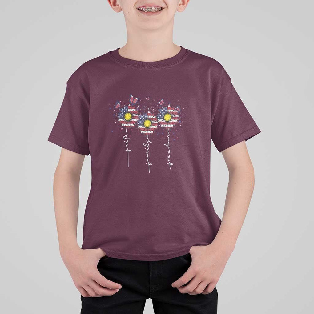 4th Of July T Shirt For Kid Faith Family Freedom USA Flag Daisy Flower TS11 Maroon Print Your Wear