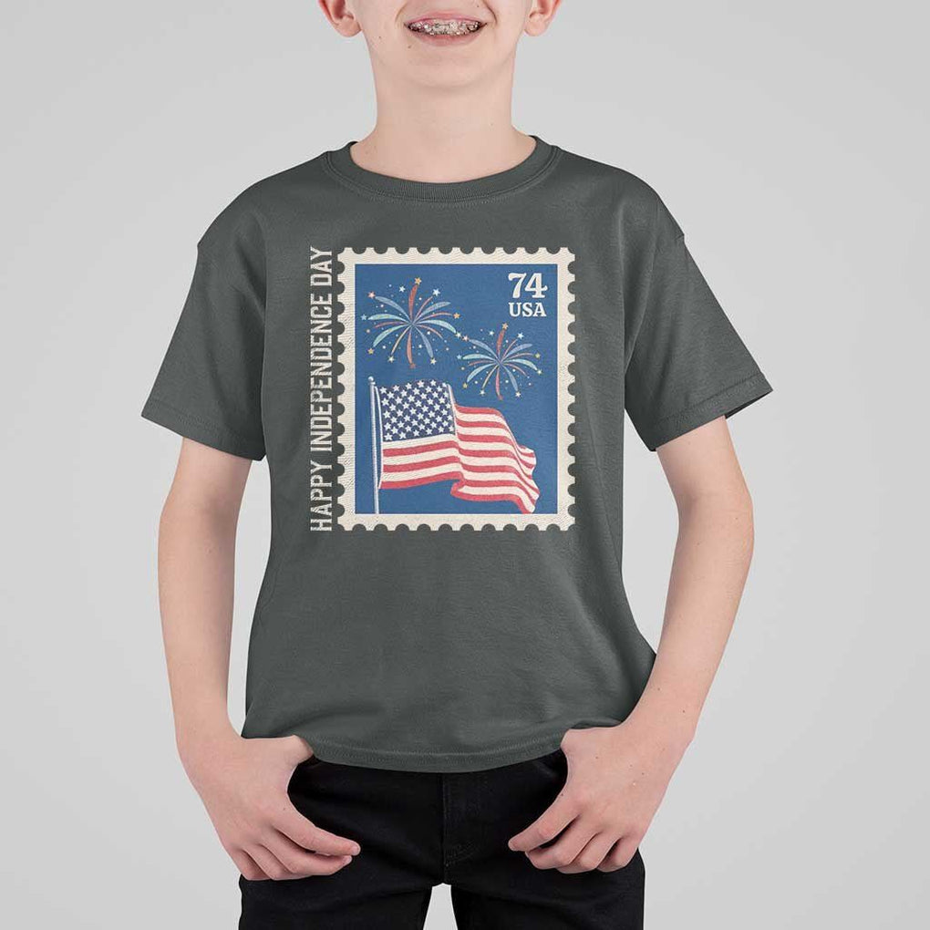 4th Of July T Shirt For Kid Happy Independence Day Stamp USA Flag TS11 Dark Heather Print Your Wear