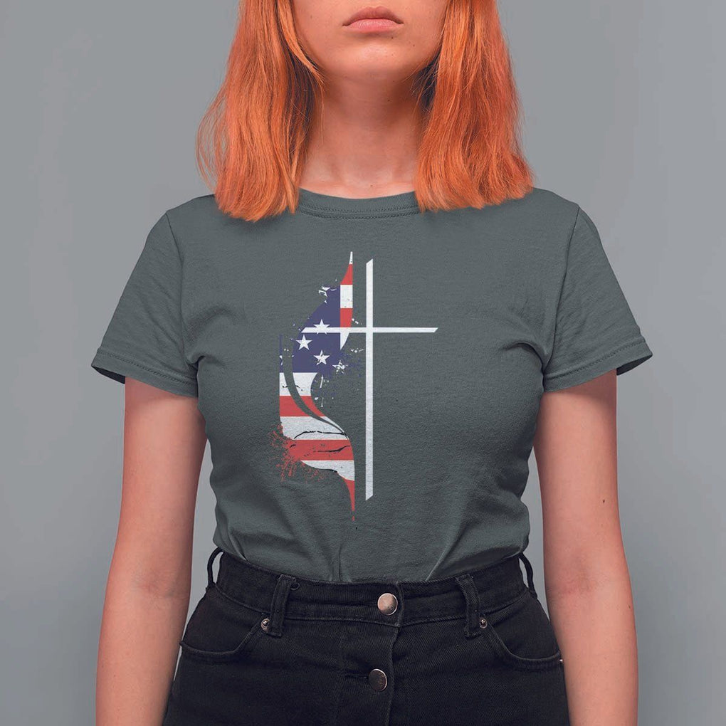 4th Of July T Shirt For Women Christian Faith USA Flag Cross TS11 Dark Heather Print Your Wear