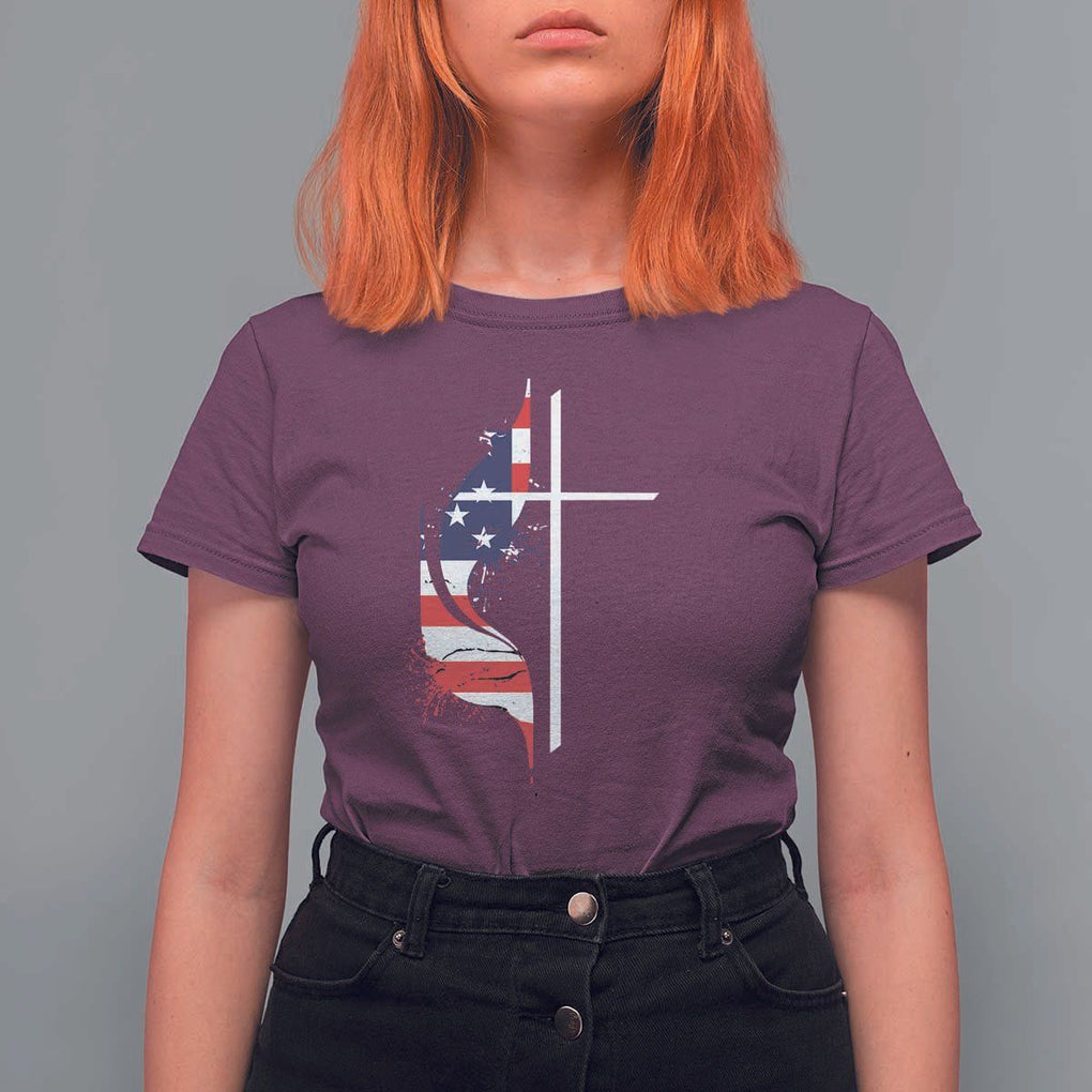 4th Of July T Shirt For Women Christian Faith USA Flag Cross TS11 Maroon Print Your Wear