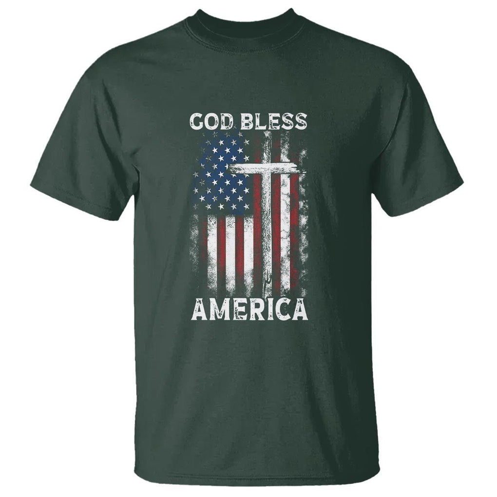 4th Of July T Shirt God Bless America Flag Christian TS09 Dark Forest Green Print Your Wear
