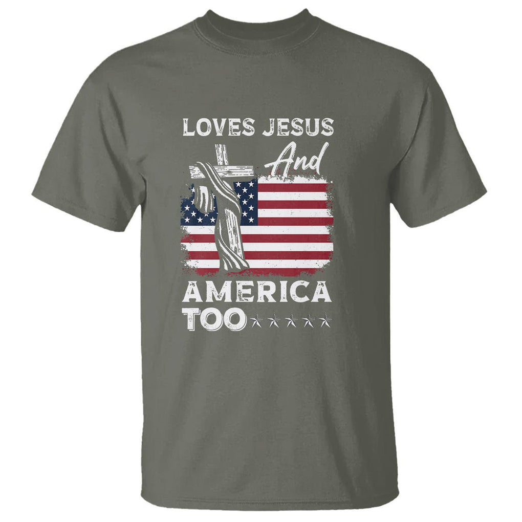 Patriotic Christian T Shirt Loves Jesus and America Too 4th Of July TS09 Military Green Print Your Wear