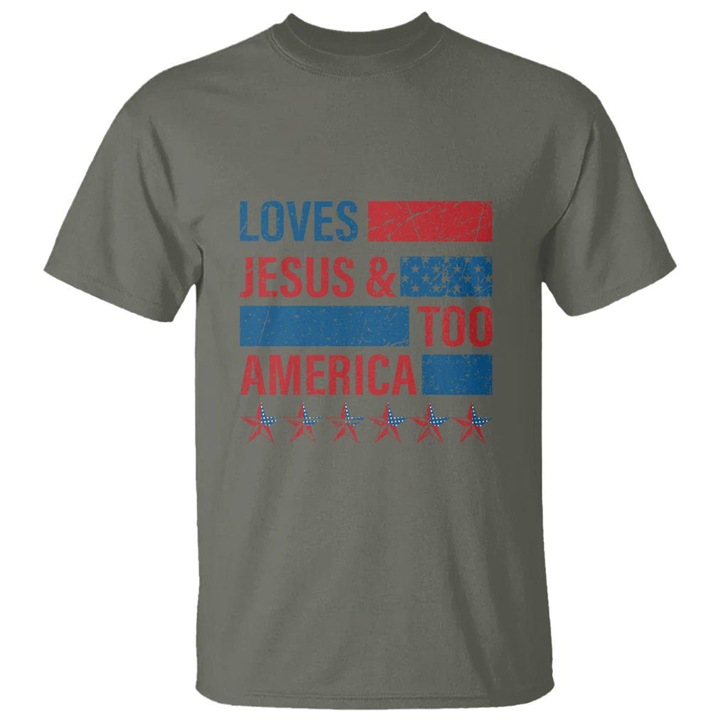4th Of July T Shirt Loves Jesus and America Too TS09 Military Green Print Your Wear