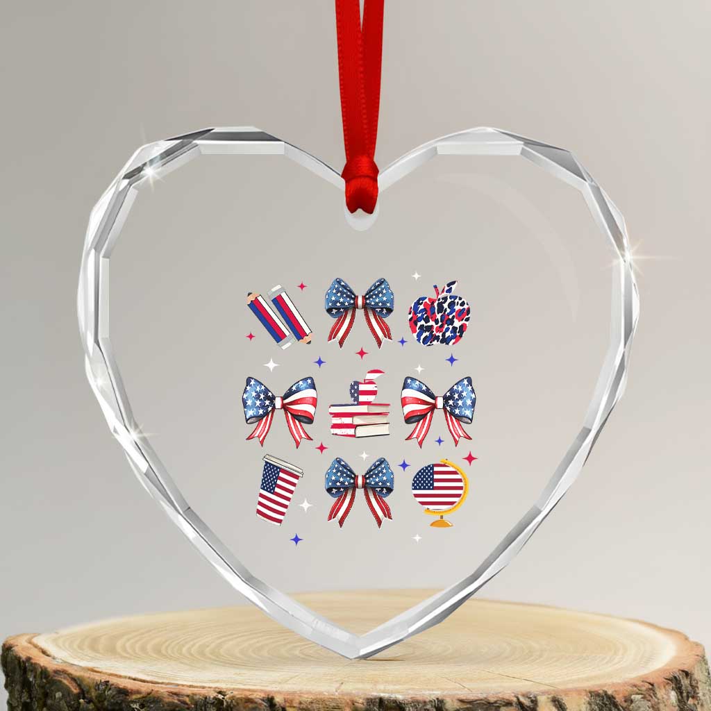 4th of July Teacher Student Heart Crystal Glass Ornament Patriotic Teaching Learning Retro Coquette TS02 Transparent Glass 3'' Heart Print Your Wear