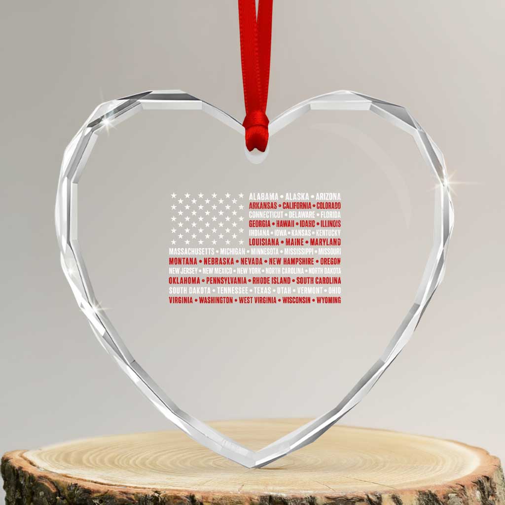 50 US States 4th of July Vintage American Flag Heart Crystal Glass Ornament