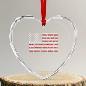 50 US States 4th of July Vintage American Flag Heart Crystal Glass Ornament