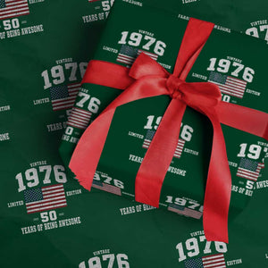 50th Birthday Wrapping Paper Roll Vintage 1976 Limited Edition 50 Years Of Being Awesome USA Flag