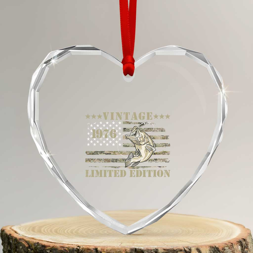 50th Birthday Fishing Vintage 1976 Limited Edition Heart Crystal Glass Ornament Bass Fishing Camouflage American Flag Fisherman Gift