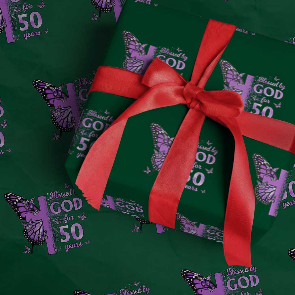 50th Birthday Gifts For Her Wrapping Paper Roll Blessed By God For 50 Years Christian Butterfly Cross TS10 Green Print Your Wear