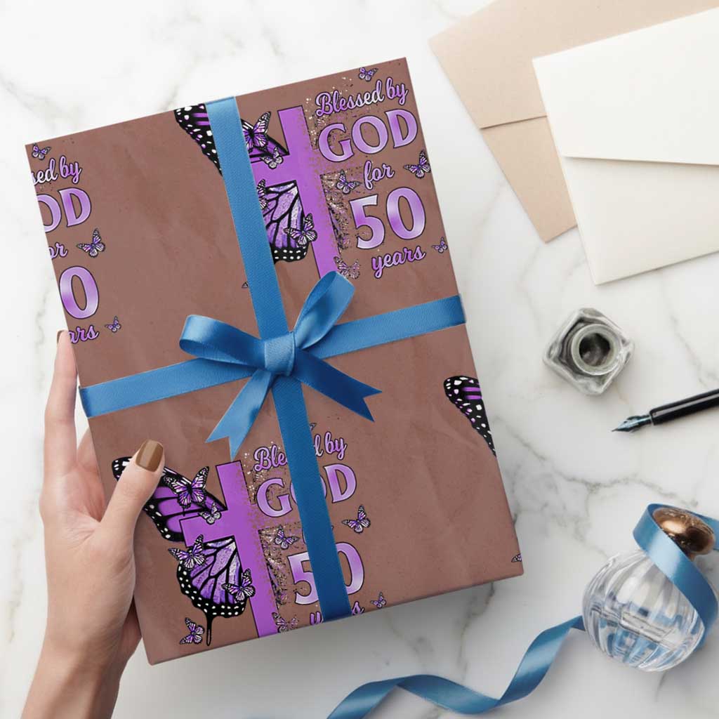 50th Birthday Gifts For Her Wrapping Paper Roll Blessed By God For 50 Years Christian Butterfly Cross TS10 Mocha Print Your Wear