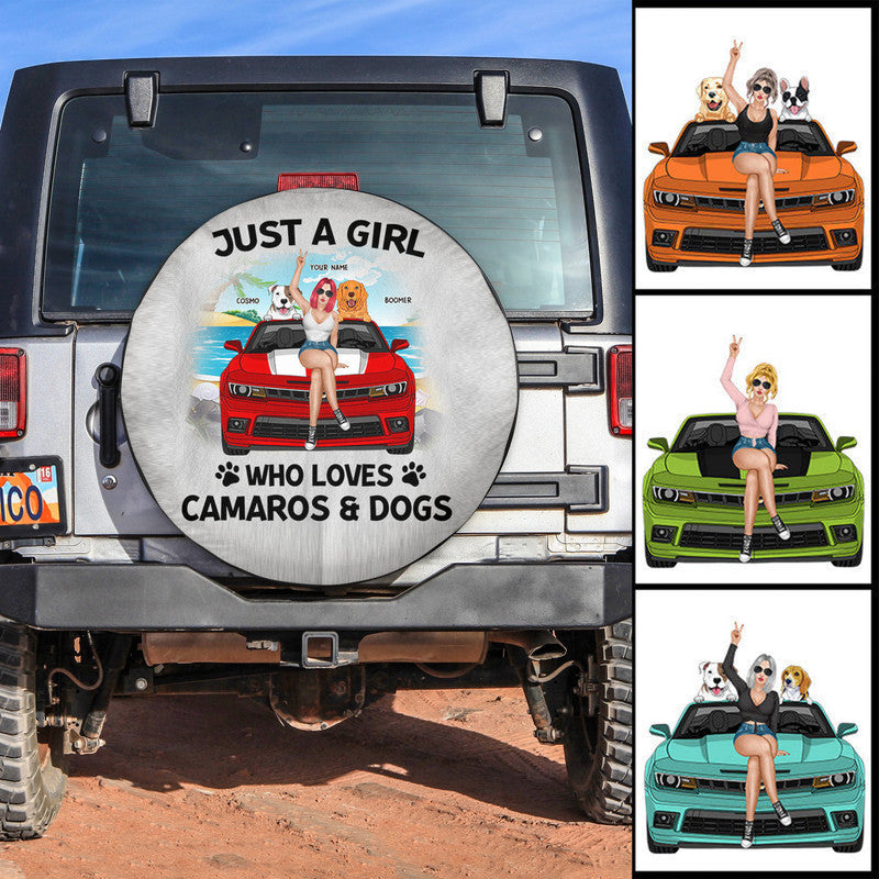 Custom JP Tire Cover With Camera Hole, Just A Girl Who Loves Camaros and Dogs Spare Tire Cover CTM Custom - Printyourwear