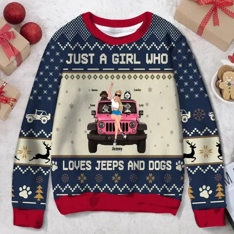 Personalized Jeep Ugly Christmas Sweater Just A Girl Who Loves Jeeps and Dogs, Jeep Girl CTM Custom - Printyourwear