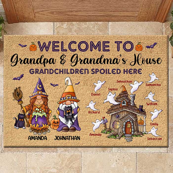 Personalized Halloween Doormat Grandchildren Spoiled Here On Halloween CTM Custom - Printyourwear