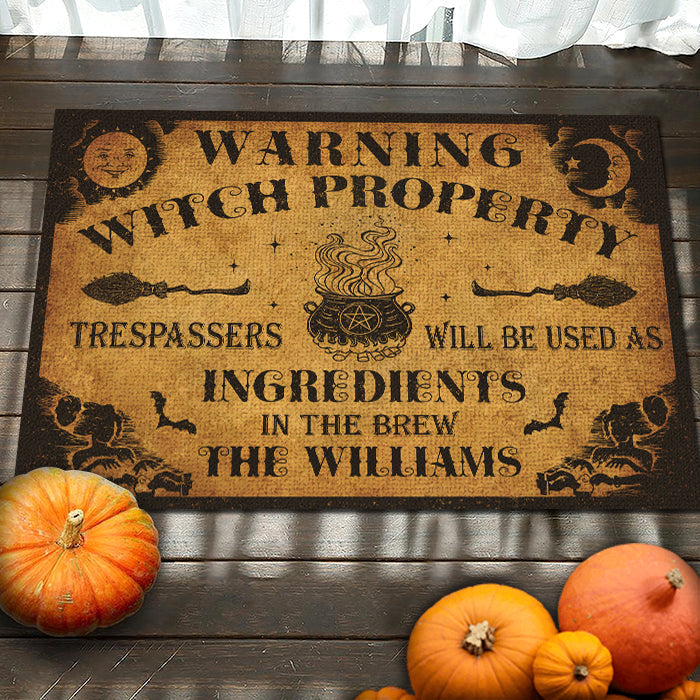 Personalized Halloween Doormat Warning Witch Property CTM Custom - Printyourwear