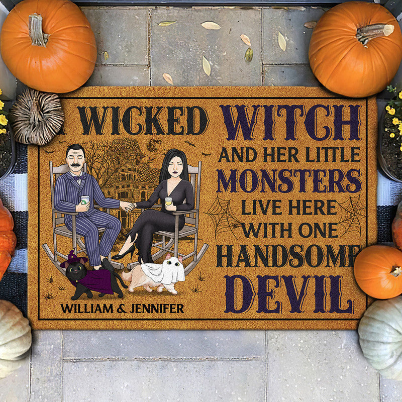 Personalized Halloween Doormat A Wicked Witch and Her Lil Monsters Live Here With A Handsome Devil CTM Custom - Printyourwear
