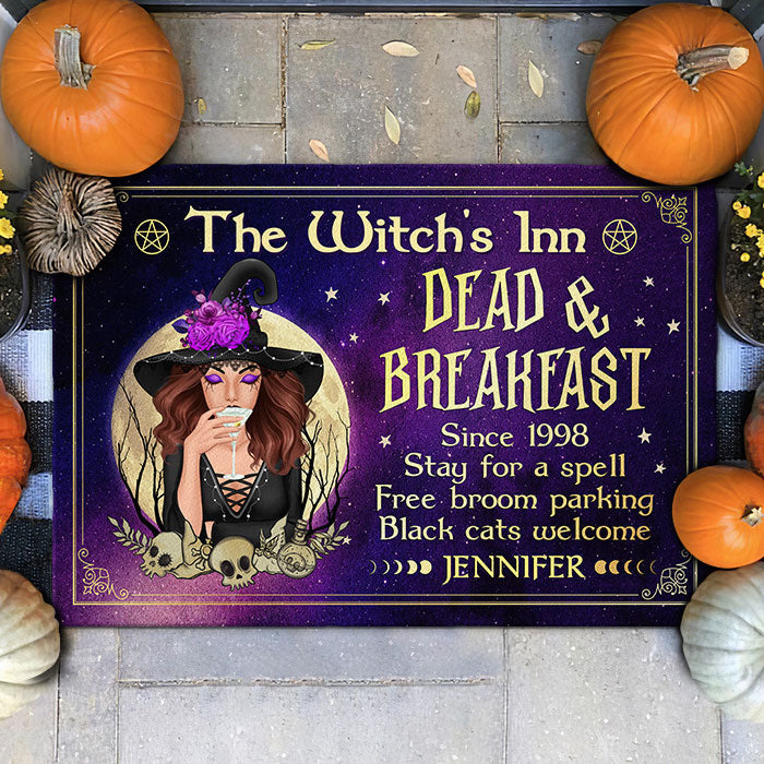 Personalized Halloween Doormat The Witchs Inn Dead and Breakfast, Stay For A Spell Free Broom Parking CTM Custom - Printyourwear