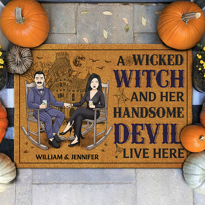 Personalized Halloween Doormat A Wicked Witch and Her Handsome Devil Live Here CTM Custom - Printyourwear