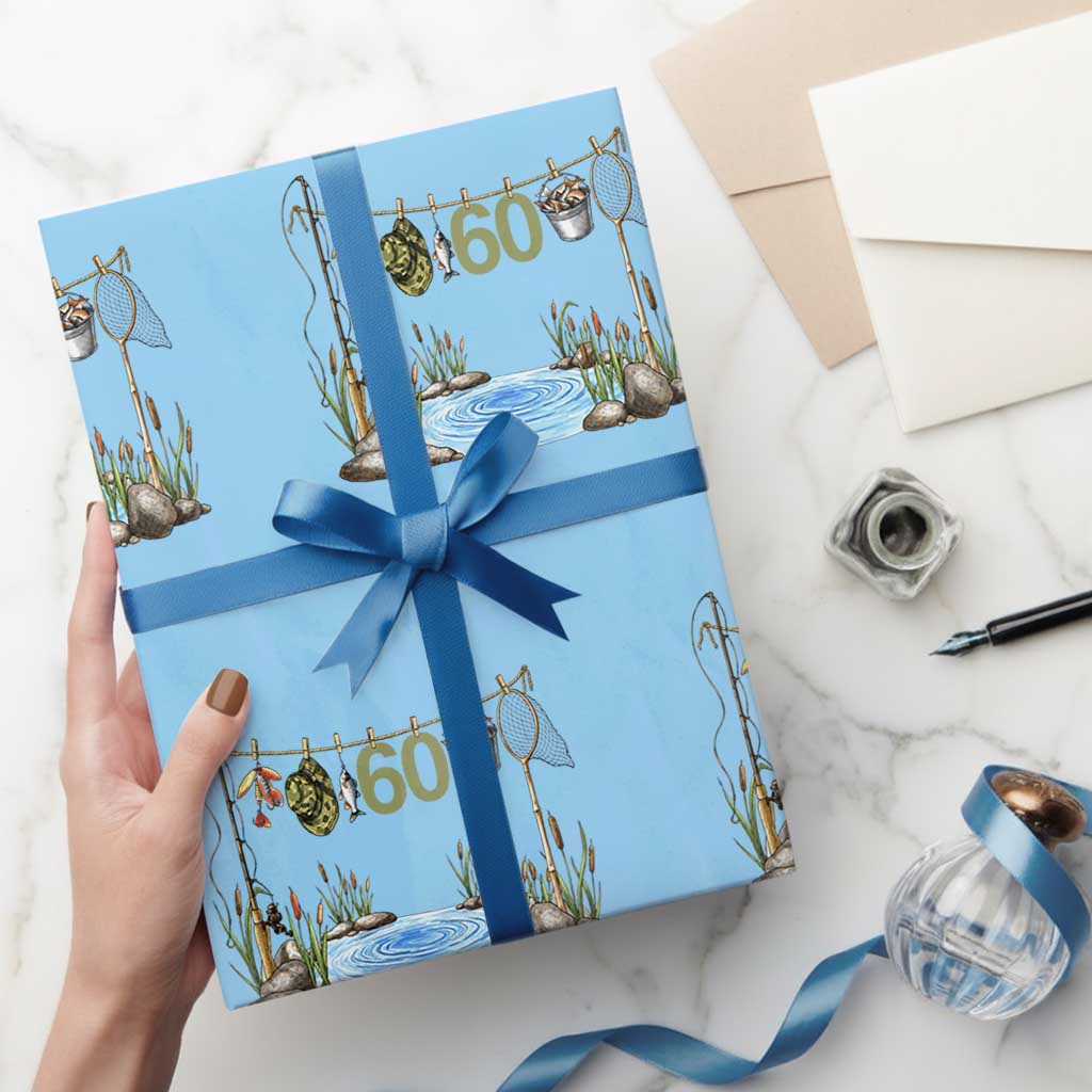 60th Birthday Fishing Wrapping Paper Roll Fisherman Birthday Party Gift