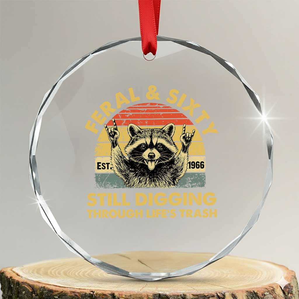 60th Birthday Raccoon Crystal Glass Ornament Feral And Sixty Still Digging Through Life's Trash Est 1966 TS11 Transparent Glass 3'' Circle Print Your Wear
