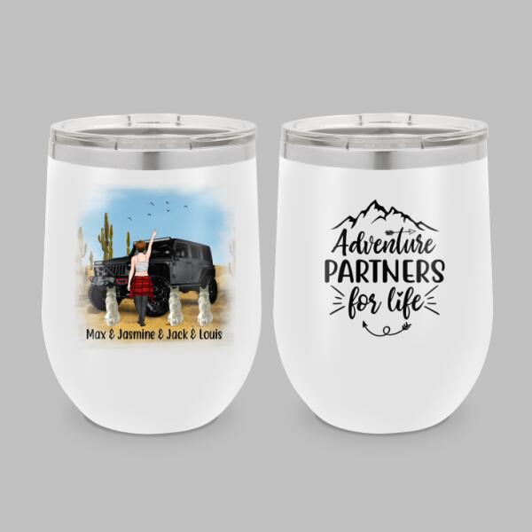 Personalized JP Wine Tumbler, Adventure Girl With Cats and Dogs, Gift For Dogs and Car Lovers CTM 12 OZ Custom - Printyourwear