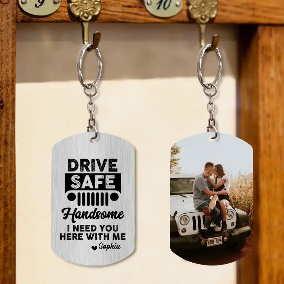 Personalized Photo JP Dog Tag, Off Road Gift Idea For Couple , Drive Safe Handsome I Need You Here With Me CTM Dog Tag With Military Ball Chain (18K Yellow Gold) Yes Custom - Printyourwear