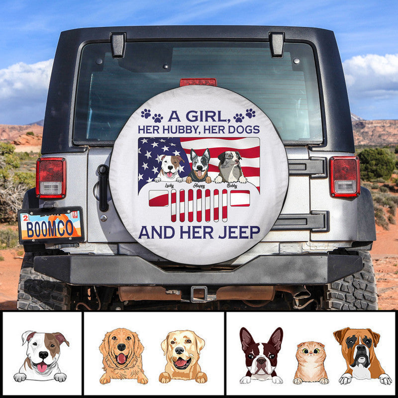 Custom JP Tire Cover With Camera Hole, A Girl Her Hubby Her Dogs And Her JP Spare Tire Cover CTM Custom - Printyourwear