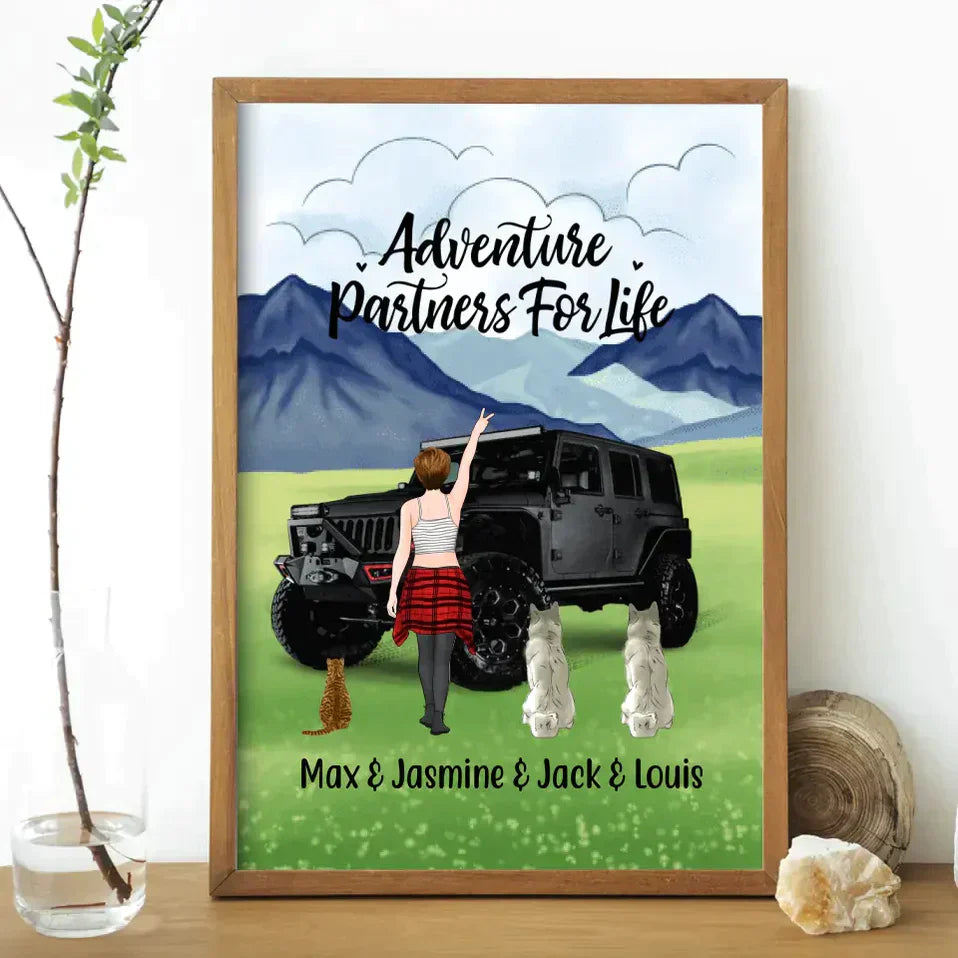 Personalized JP Poster, Adventure Girl With Cats and Dogs, Gift For Dogs and Car Lovers CTM Canvas Custom - Printyourwear