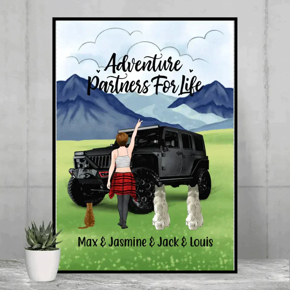 Personalized JP Poster, Adventure Girl With Cats and Dogs, Gift For Dogs and Car Lovers CTM Custom - Printyourwear