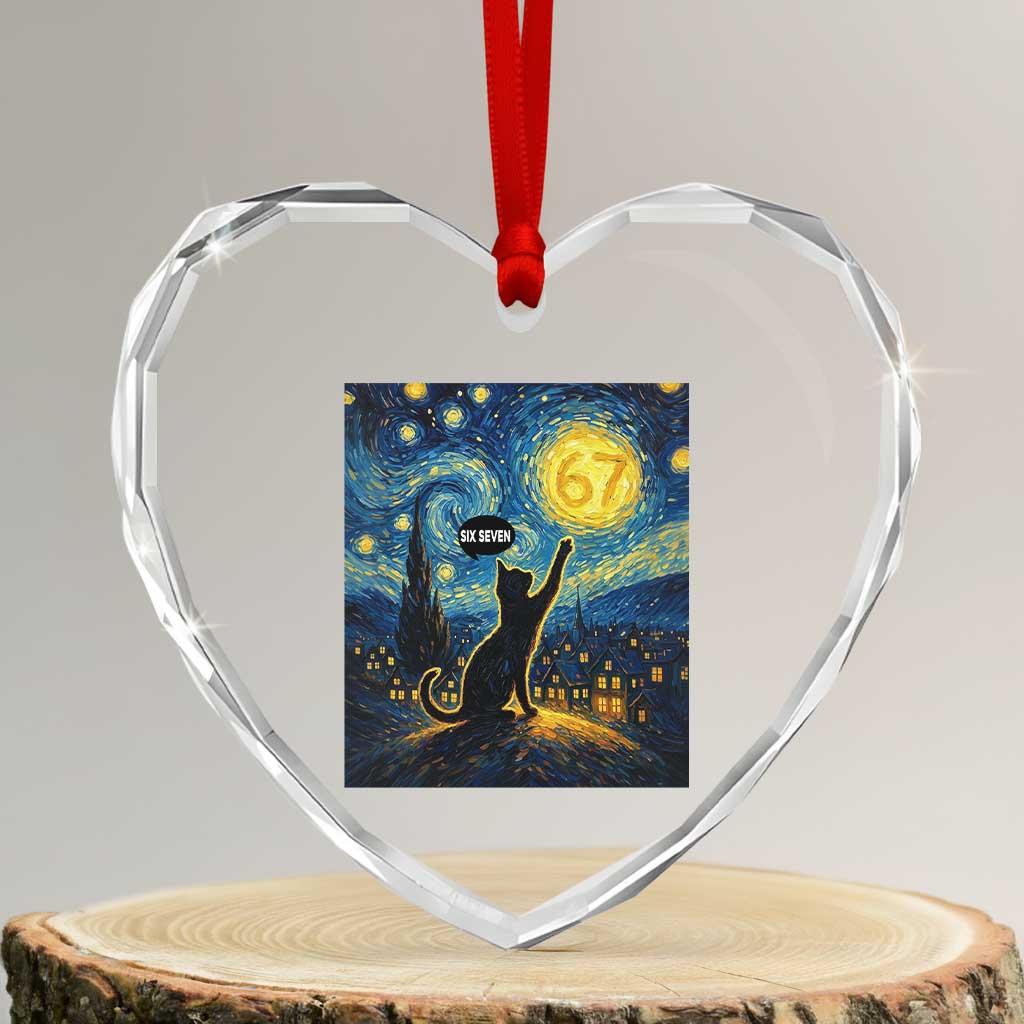 67 Cat Meme Heart Crystal Glass Ornament Funny Six Seven Cat Starry Night Van Gogh TS14 Transparent Glass 3'' Heart Print Your Wear