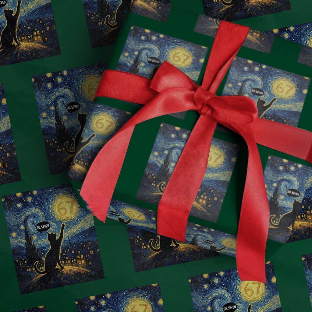 67 Cat Meme Wrapping Paper Roll Funny Six Seven Cat Starry Night Van Gogh TS14 Green Print Your Wear