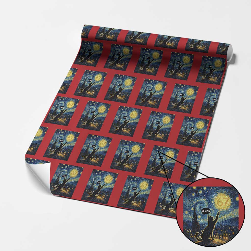 67 Cat Meme Wrapping Paper Roll Funny Six Seven Cat Starry Night Van Gogh TS14 Red Print Your Wear
