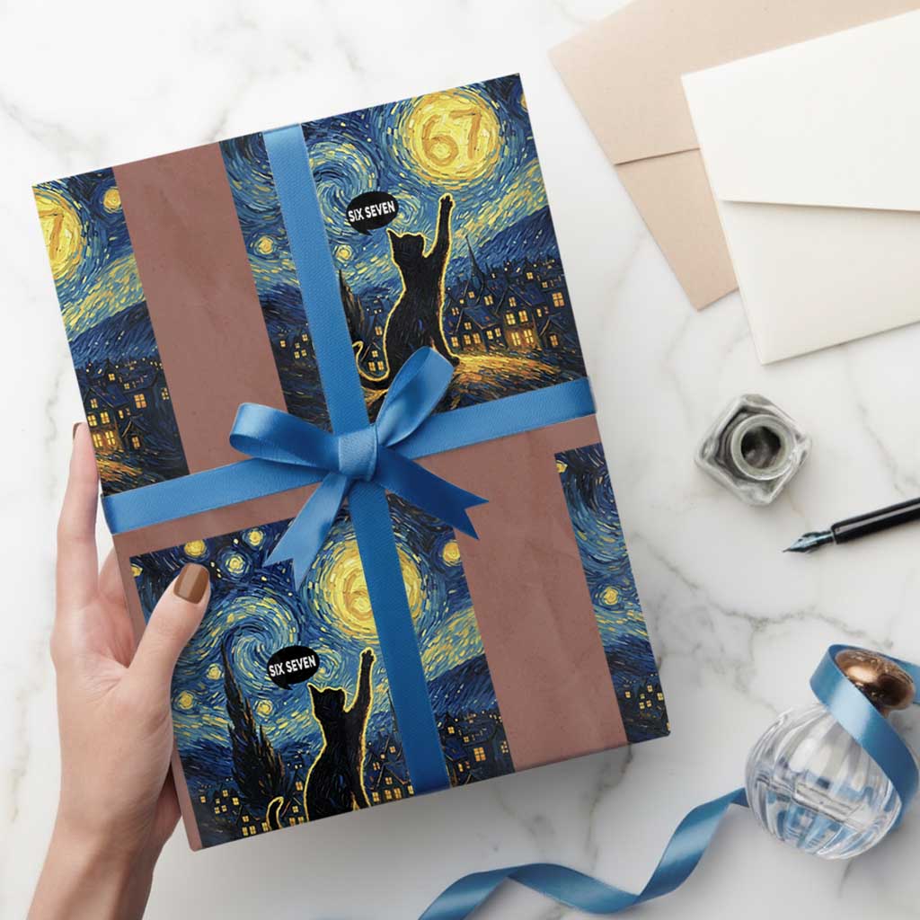 67 Cat Meme Wrapping Paper Roll Funny Six Seven Cat Starry Night Van Gogh TS14 Mocha Print Your Wear