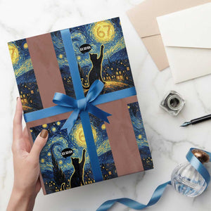 67 Cat Meme Wrapping Paper Roll Funny Six Seven Cat Starry Night Van Gogh TS14 Mocha Print Your Wear